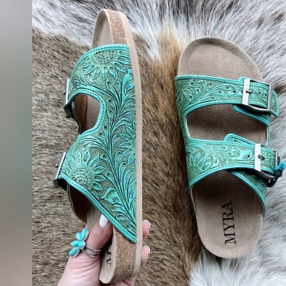 Womens blue turquoise leather tooled embossed myra slides sandals buckle cowgirl - Picture 4 of 5